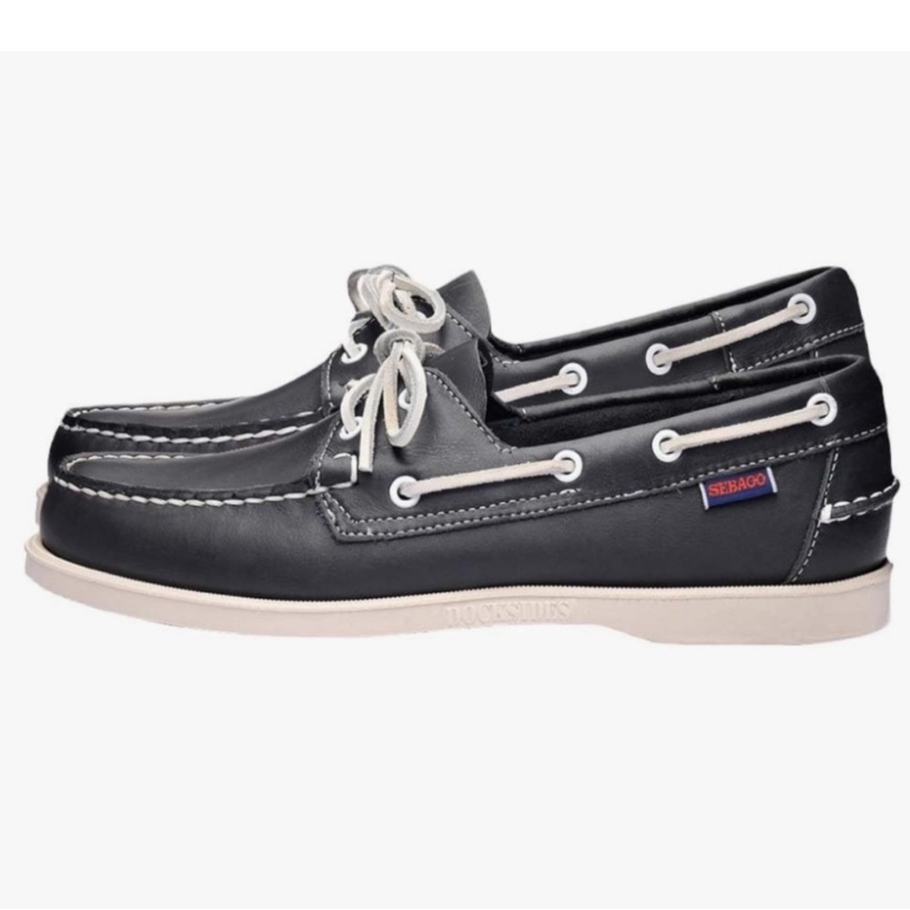 Authentic Sebago navy blue white Portland Docksides Boat Shoes Nautical LEATHER
